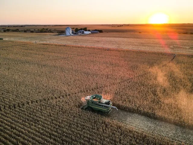 Combine in field with sunset